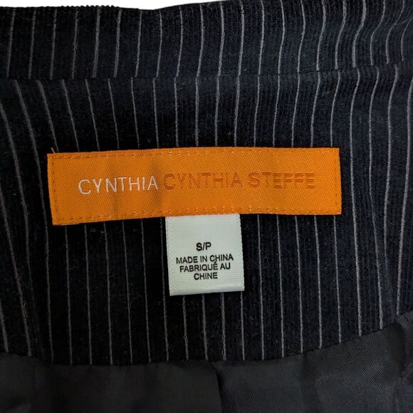 Cynthia Steffe Sz Small Black Jacket Velvet Trim Fitted Gray Pinstripe Career - Picture 8 of 11